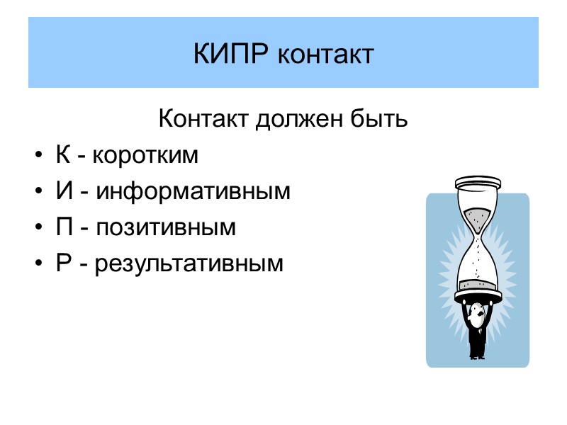 КИПР контакт Контакт должен быть К - коротким И - информативным П - позитивным